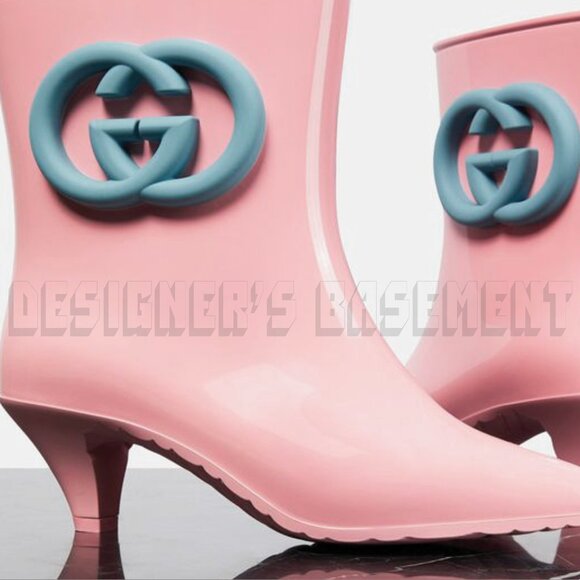 GUCCI 38 pink GENE blue Interlocking G logo rubber ankle RAINBOOT Booties 724458 - Picture 5 of 10